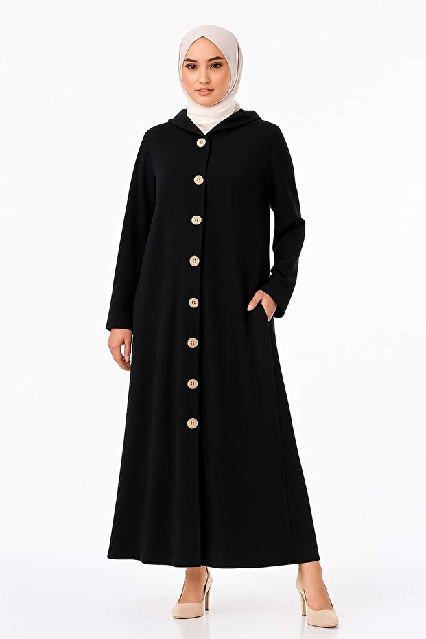 Women's Plus Size Black, Hooded, Side Pockets Front Button Long Cap 65N39146