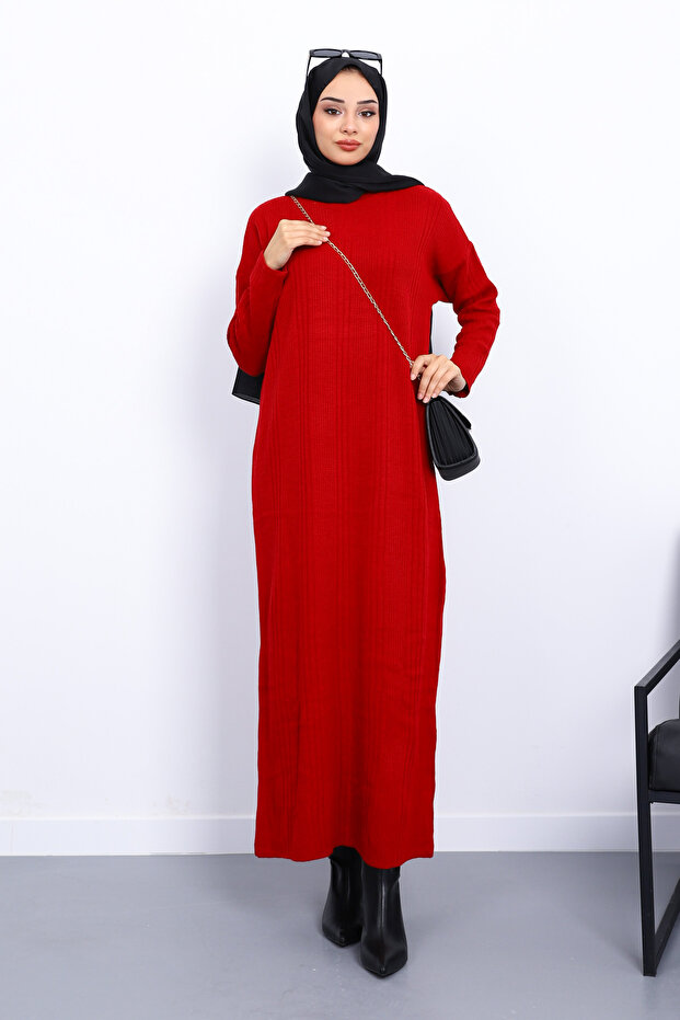 Red Stand Collar Ribbed Knit Dress