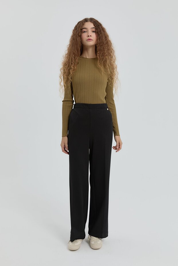 Ütü İzli Boru Paça Örme Pantolon Siyah - 1