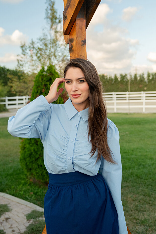 Women's Drawstring Detail Poplin Shirt Blue