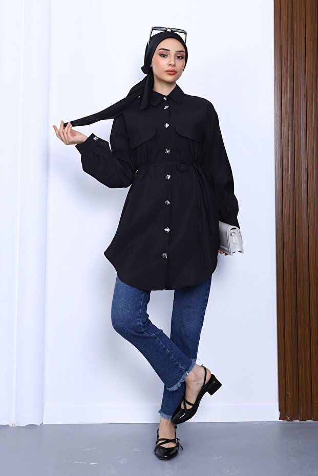 Black Front Button Modal Tunic - 2