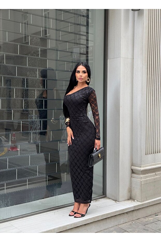 Dantel Desenli Tek Kol Çıkarılabilir Maxi Boy Likralı Tek Omuz Straplez Elbise - 2