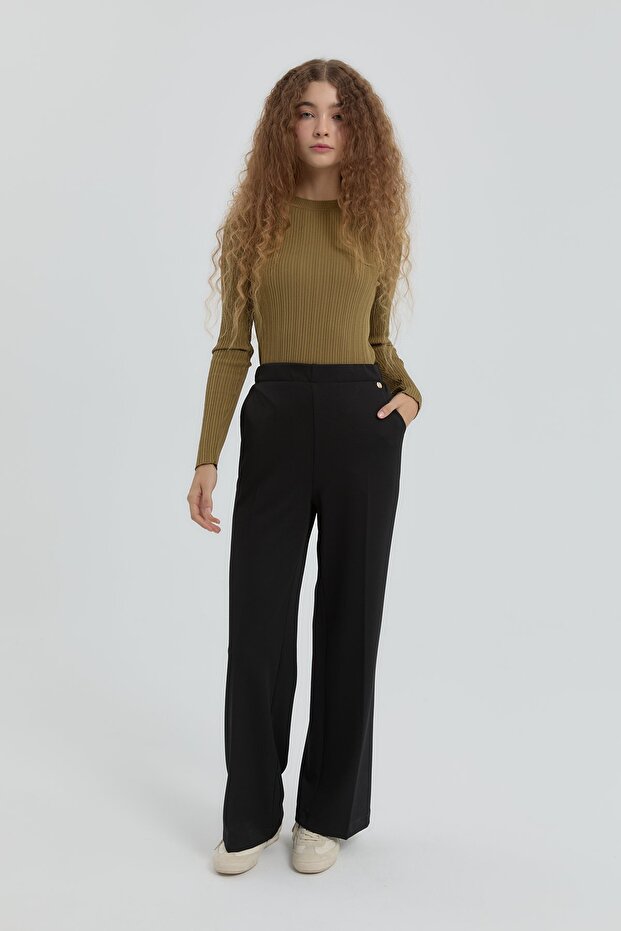 Ütü İzli Boru Paça Örme Pantolon Siyah - 2