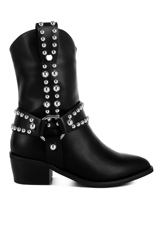 Women Studded Harness Detail Boots in Black