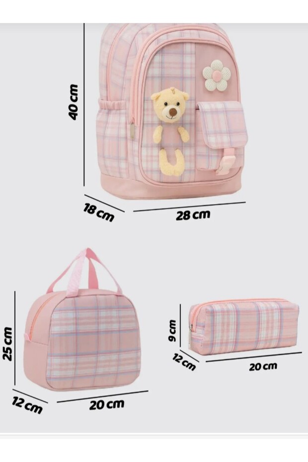 حقيبة مدرسية ابتدائية مع دمية دب + علبة غداء + مقلمة - 4
