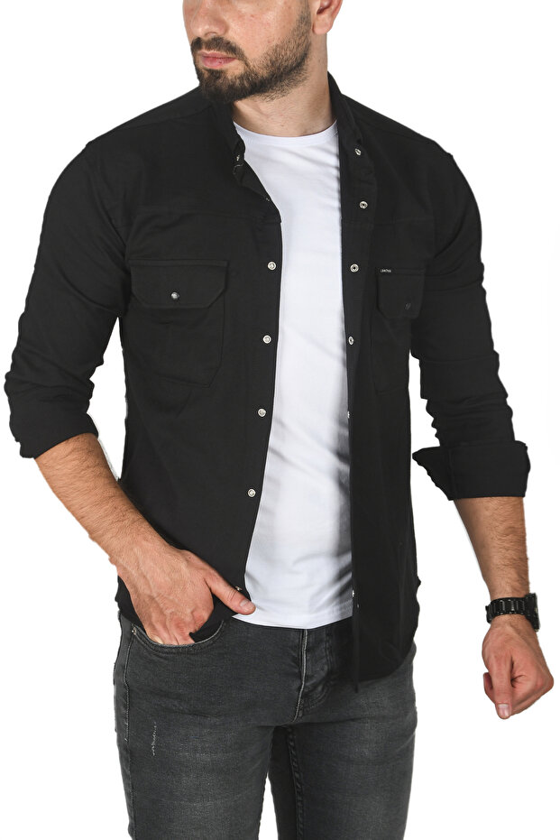 Men's Black Large Size Optional Lycra Gabardine Sports Shirt – Slim Fit with Snap Closure 2500423
