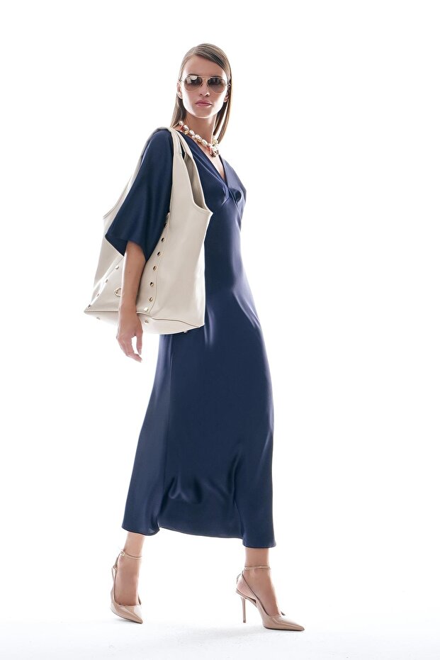 Saten Drapeli Midi Şık Elbise - 5
