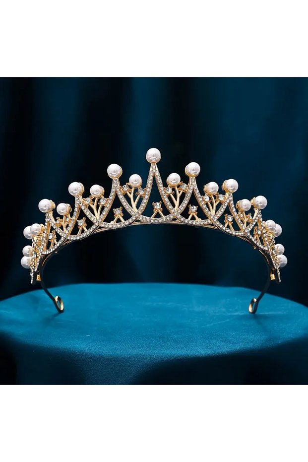 (Gold) Crown with Pearls and Stones Wedding Bridal Henna Engagement Birthday Graduation Party Photography Hair Accessory