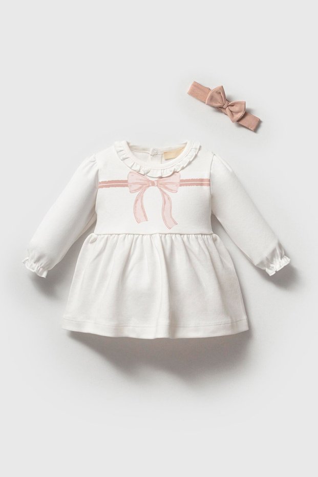 Girls' Cotton Ecru Bow Long Sleeve Dress and Headband Set - Comfortable and Stylish