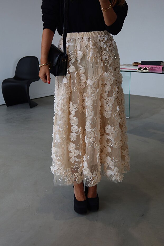 Çiçek Kabartmalı Pullu Premium Etek - 4