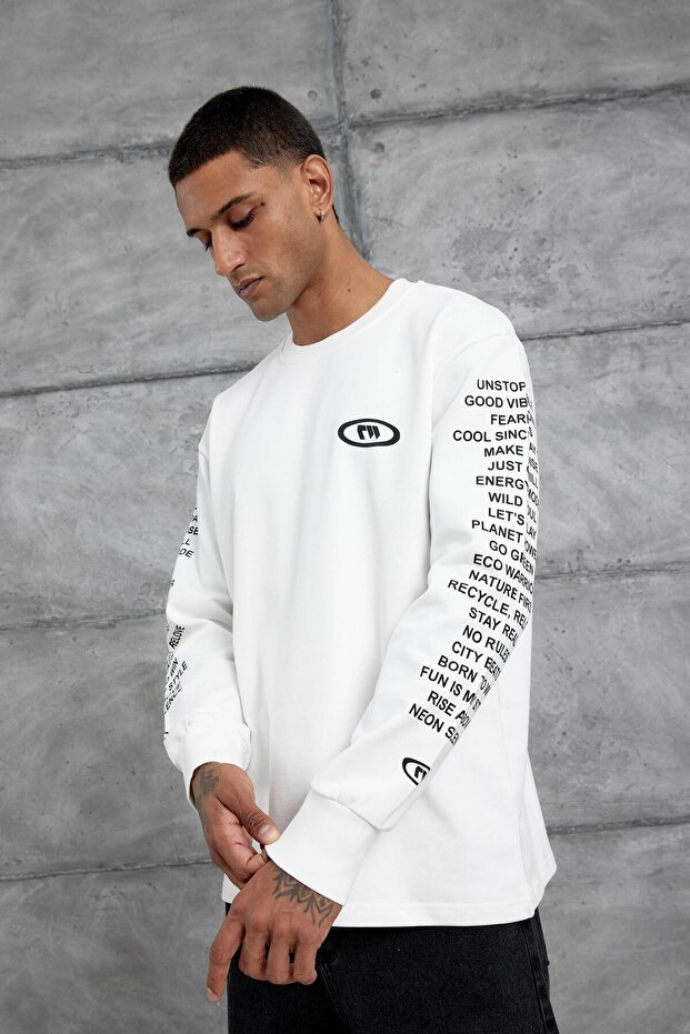Men's Sweatshirt with Lettering on the Sleeve Oversized Sweatshirt White Oversized Crew Neck