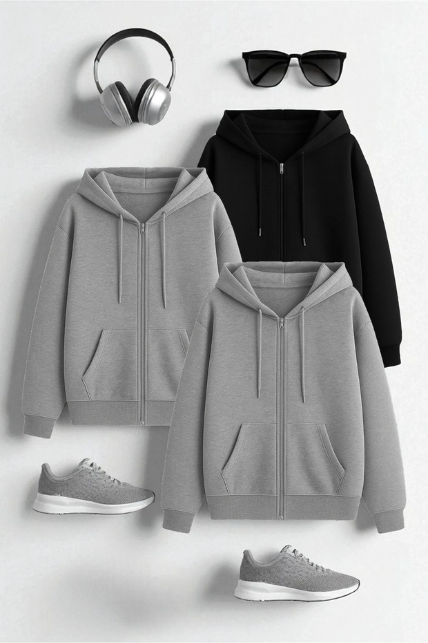 Unisex Gray & Gray & Black Zipper Hooded Sweatshirt 3-Piece Opportunity Pack