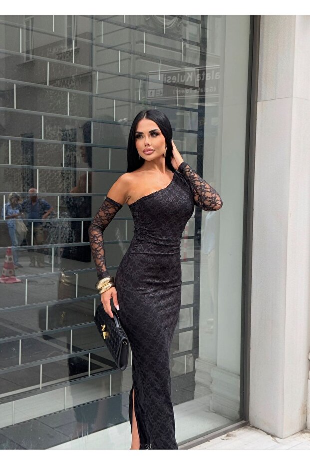 Dantel Desenli Tek Kol Çıkarılabilir Maxi Boy Likralı Tek Omuz Straplez Elbise - 3