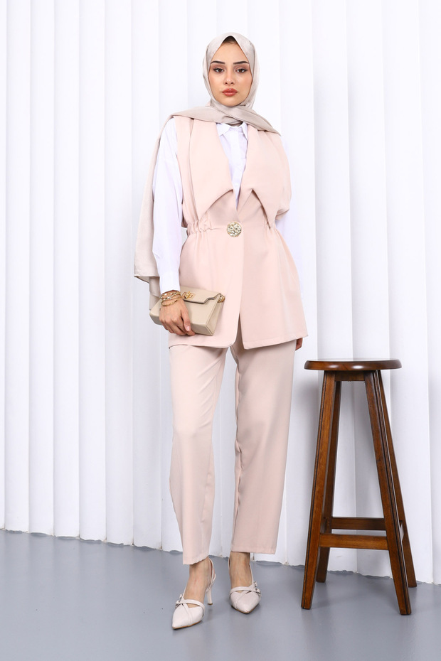 Beige Elastic Waist Vest and Pants Set