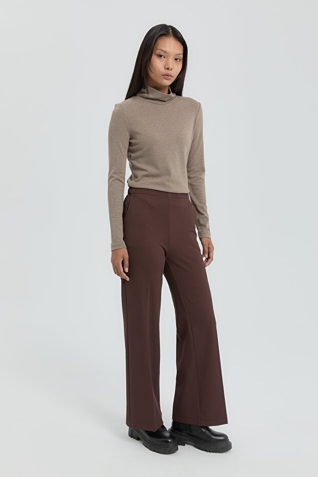 Ütü İzli Boru Paça Örme Pantolon Kahve - 2
