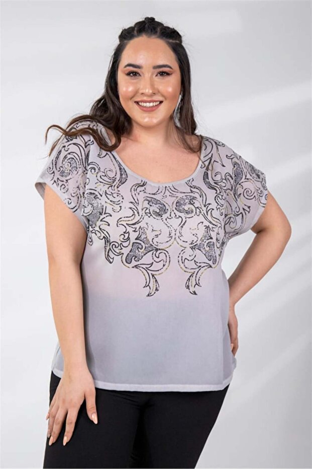 210059 Glitter Foil Women's Plus Size Glitter-Foil Blouse Gray