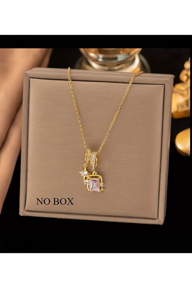 Pembe taşlı gold kolye - 1