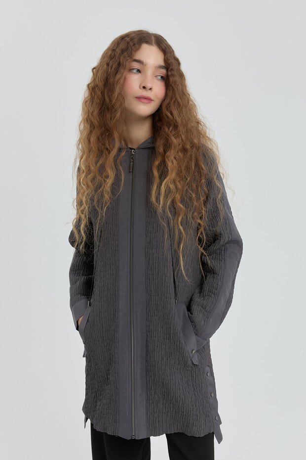 İnce Kapitone Kapşonlu Kap Antrasit - 2