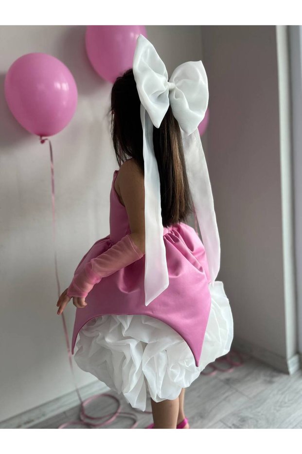 Pink Satin Skirt White Rose Motif Special Design Girls' Formal Birthday Dress + Gloves + Hair Clip
