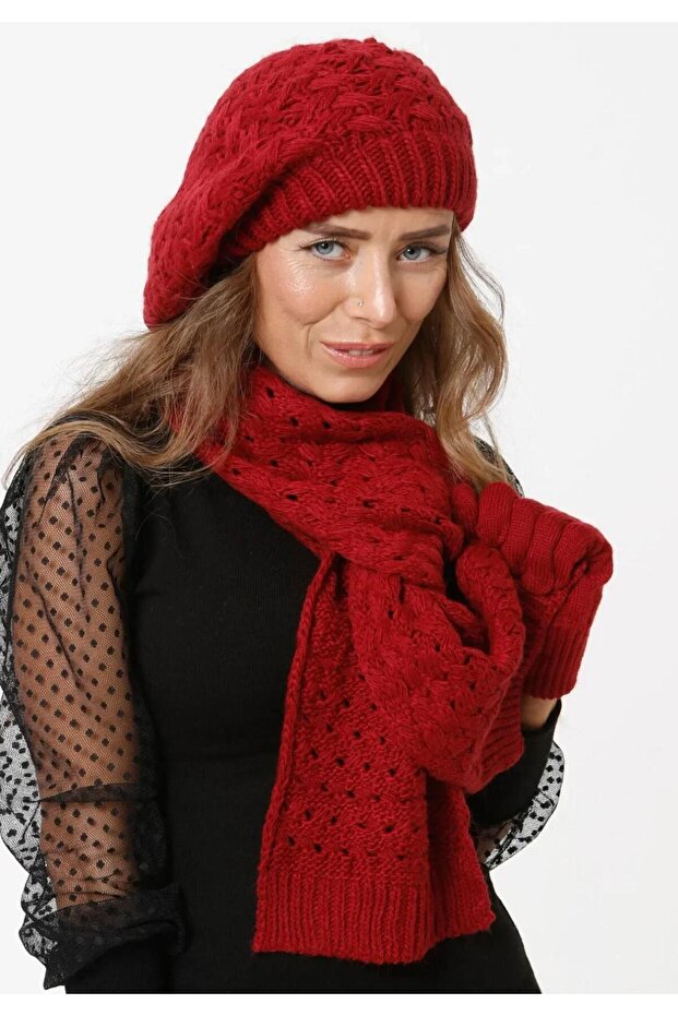 Burgundy Women's Winter 3-Piece Set Painter Model Scarf, Beret and Gloves Set