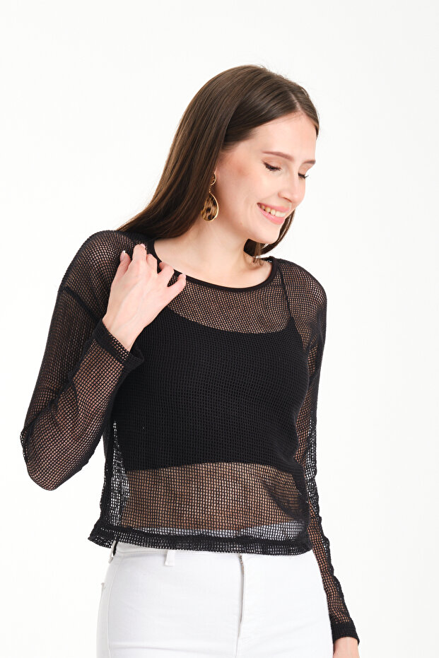 Uzun Kol Kare File Bluz - 4