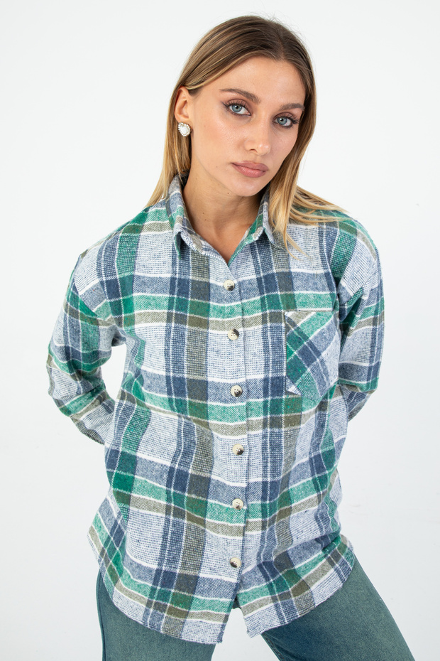 Blue-Green Plaid Pattern Women's Shirt – Long Sleeve, Comfortable Fit, Casual and Office Chic
