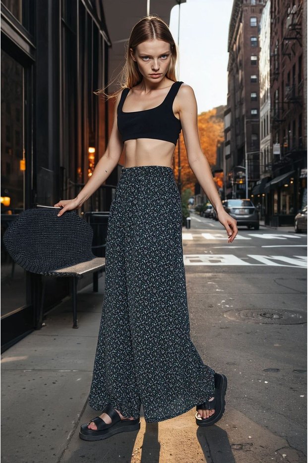 Women's Black Trousers, Chiffon Lined Pocketed Elastic Waist Floral Print , Wide-Leg 700-3756374