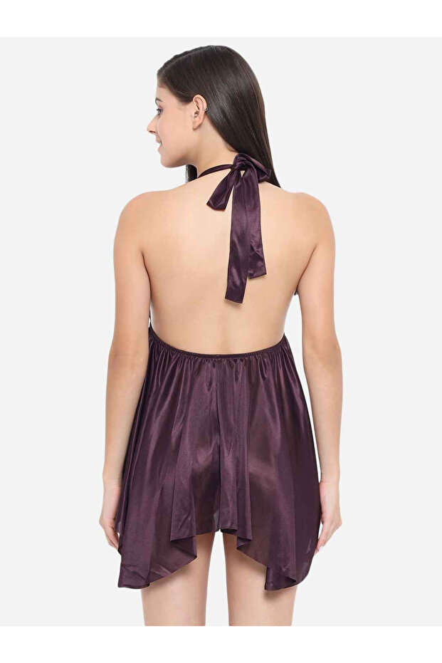 Solid Halter Neck Asymmetric Hem Satin Babydoll