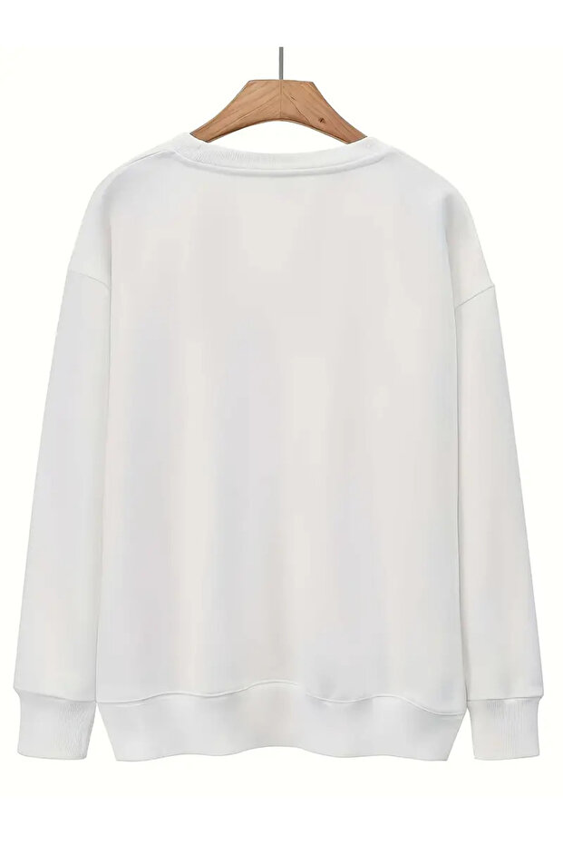 Leopard Pattern Bow Printed White Crew Neck Sweatshirt - 2