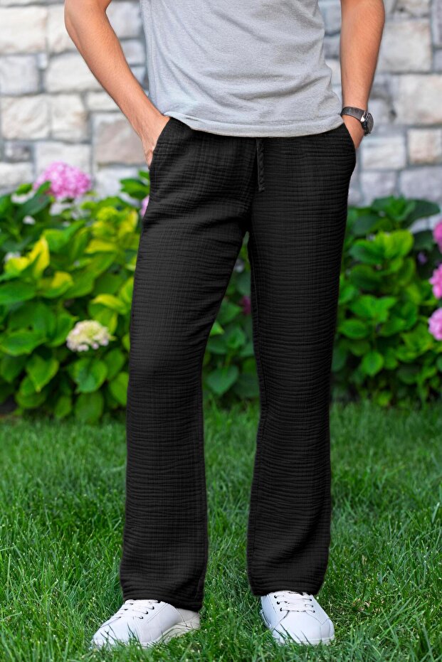Elastic Waist Multi Double Pocket Muslin Women'S/Men's Unisex Summer Trousers Black Syh