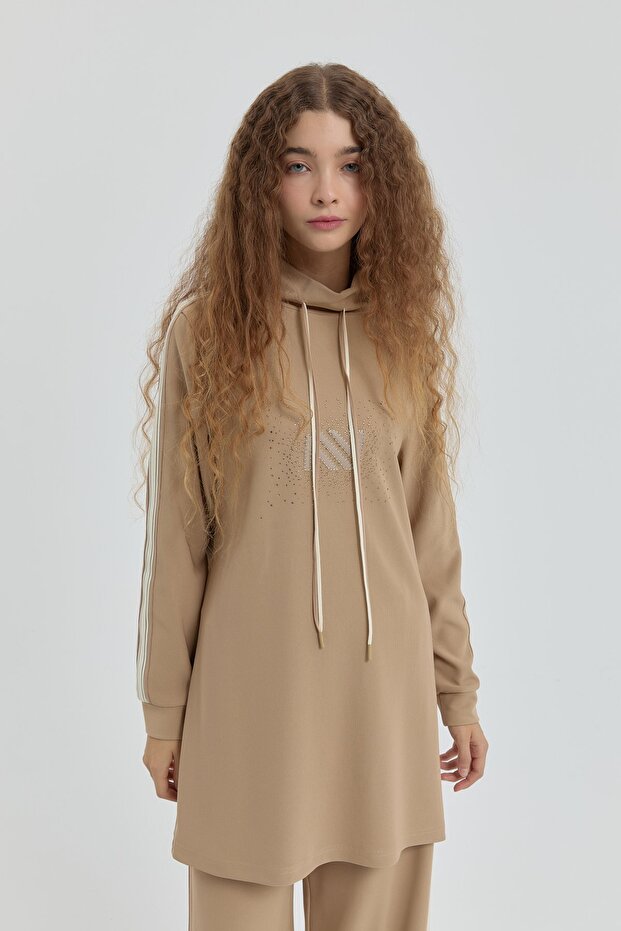 Logolu Örme Pantolon Tunik Takım Camel - 3