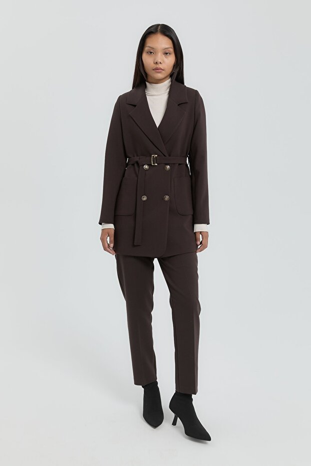 Belted Double-Breasted Jacket Brown - 3