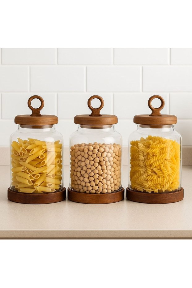 3-Piece Borosilicate Glass Food Spice Jar with Acacia Lid 1100 ml