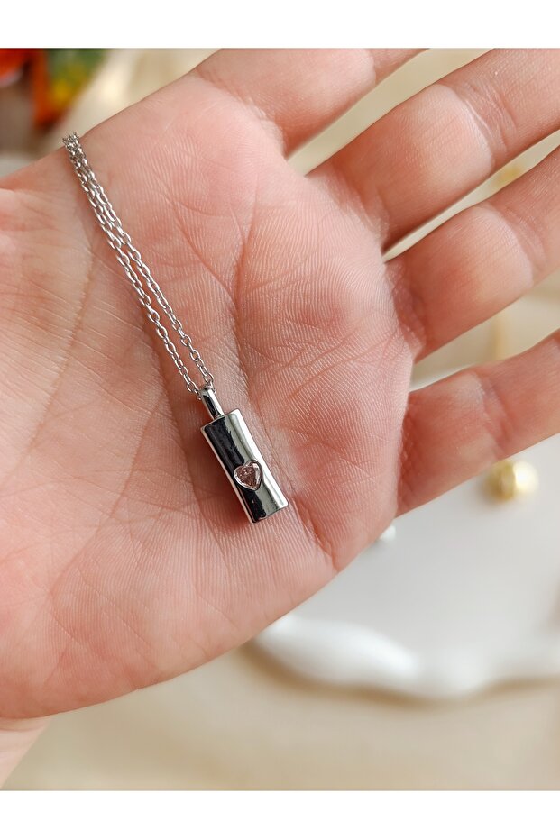 Silver Steel Mini Pink Heart Tablet Necklace