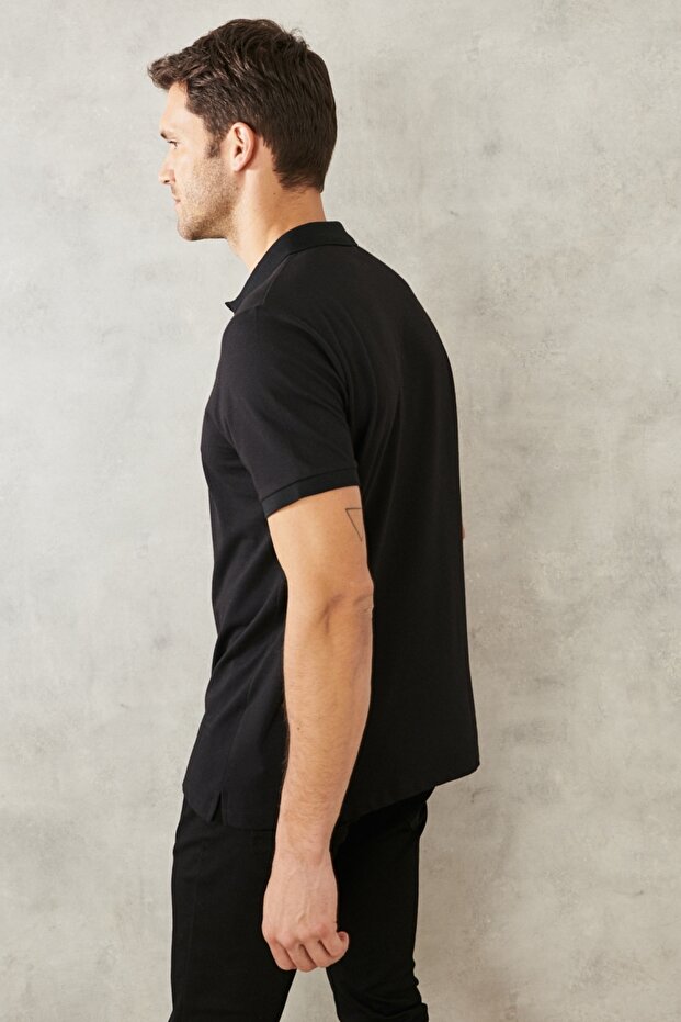 Erkek Çekmeyen Pamuklu Kumaş Slim Fit Dar Kesim Simsiyah Kıvrılmaz Polo Yaka T-shirt - 8