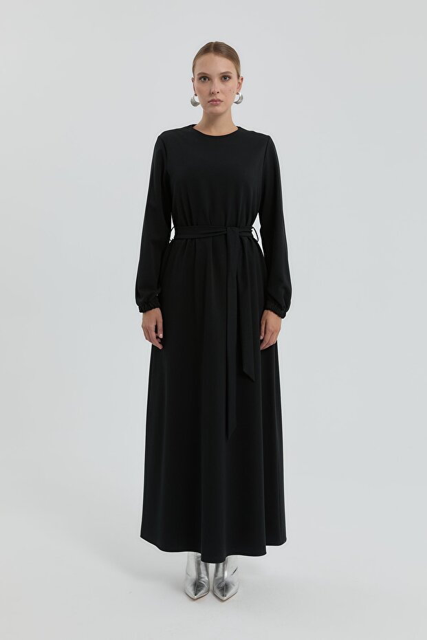 Beli Kuşaklı Basic Elbise Siyah - 3