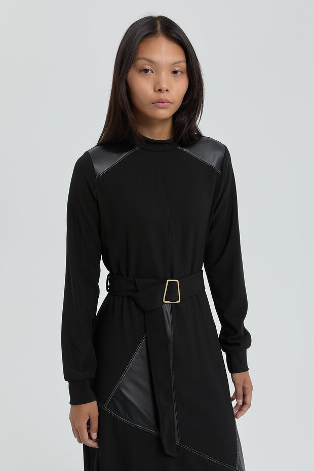 Deri Garnili Örme Elbise Siyah - 3