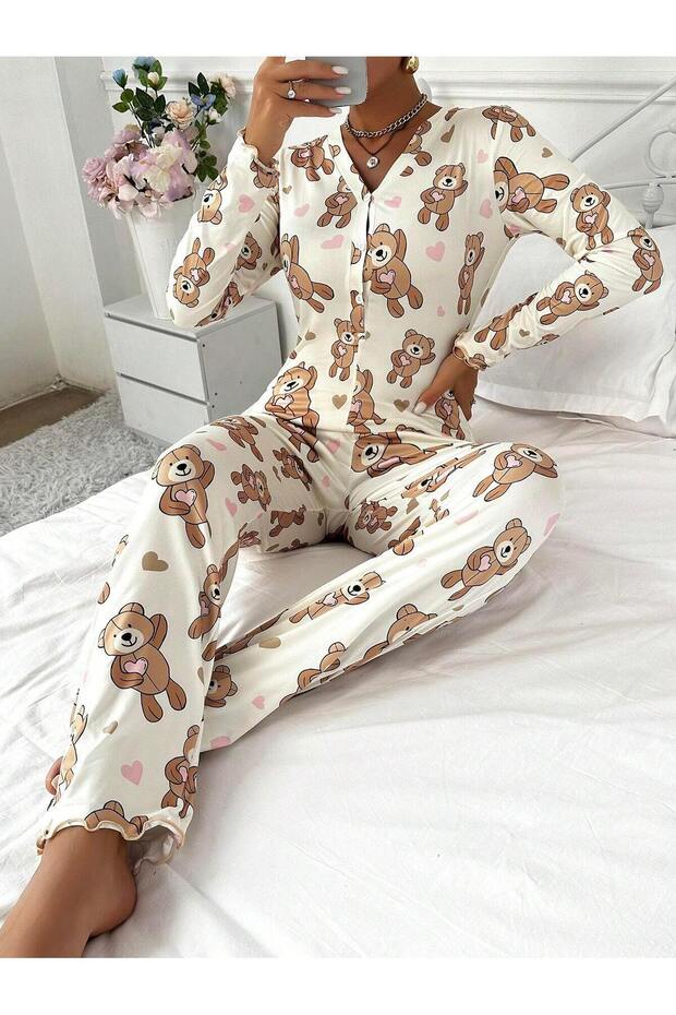بدلة نوم طويلة منقوشة على شكل دمية دب - 2