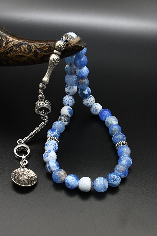 Natural Veined Agate Stone 33 Prayer Beads with Metal Tassel 10mm Sphere Cut 902240