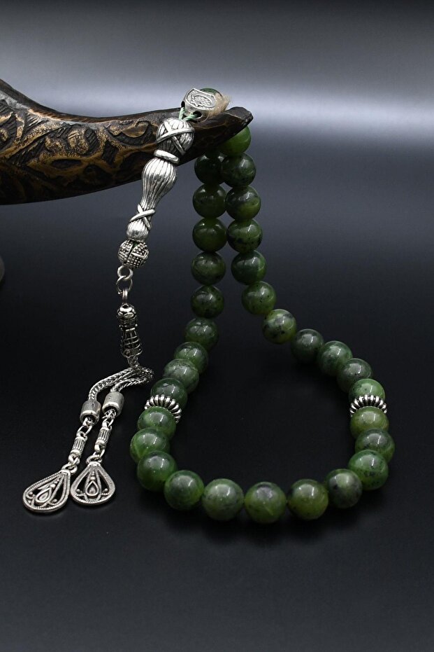 Natural Jade Stone 33-Bead Rosary with Metal Tassel 10mm Sphere Cut 902244