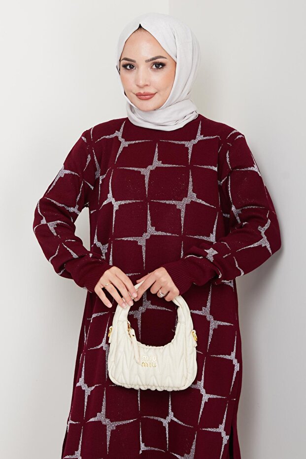 Women's Burgundy Long Sleeve Patterned Hijab Knitwear Tunic