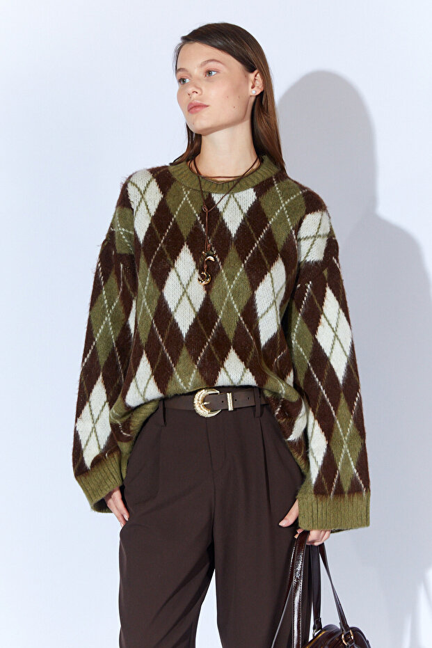 Baklava Pattern Embroidered Women's Sweater - Khaki |   Mkw535334-01