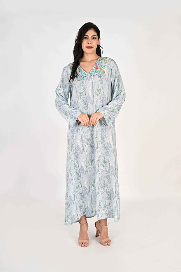 Ladies Jalabiya – Floral Printed and Embroidered Neckline