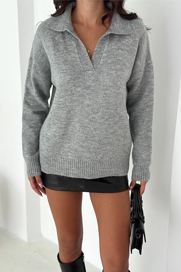 Gray Women's Polo Neck Oversize Knit Sweater - Standard Size Soft Texture