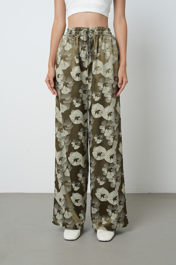 Women's Khaki - Beige Color Patterned Wide Leg Elastic Waist Trousers