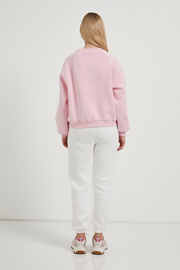 Kadın Biyeli Bisiklet Yaka Pembe Basic Sweatshirt - 4