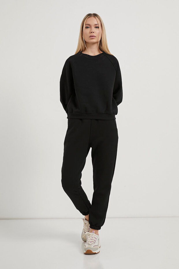 Kadın Biyeli Bisiklet Yaka Siyah Basic Sweatshirt - 3