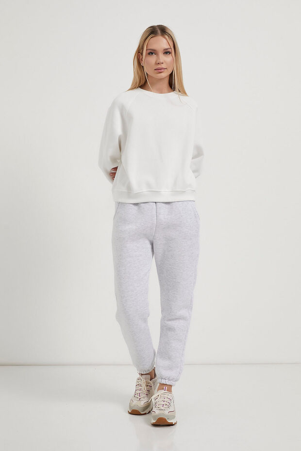 Kadın Biyeli Bisiklet Yaka Beyaz Basic Sweatshirt - 2