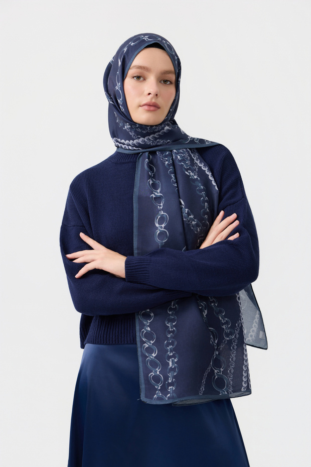 Cotton Twill Şal Loop Line Lacivert - 1