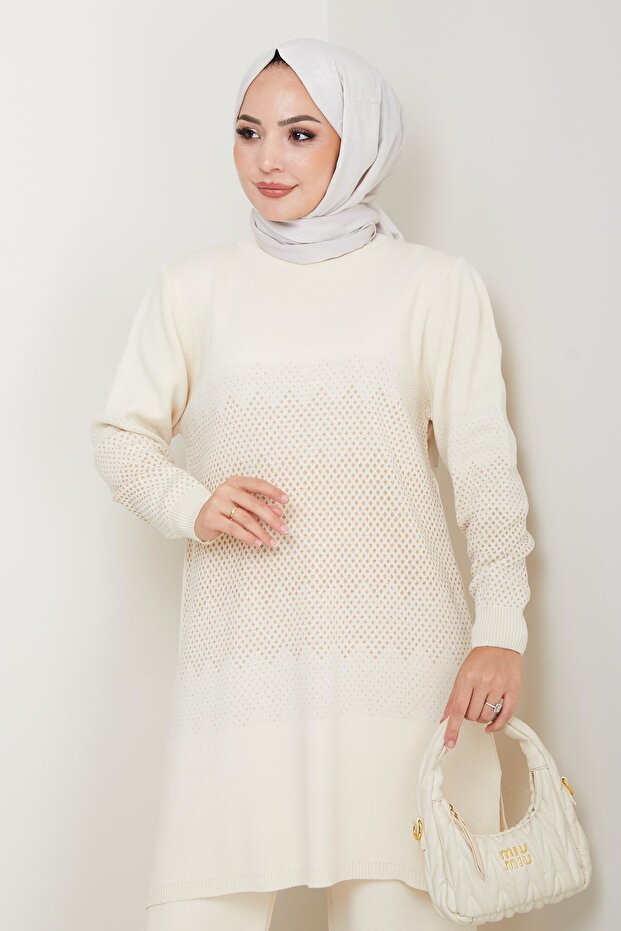 Women's Silvery Patterned Knitwear Hijab Sweater – Stylish Casual Model